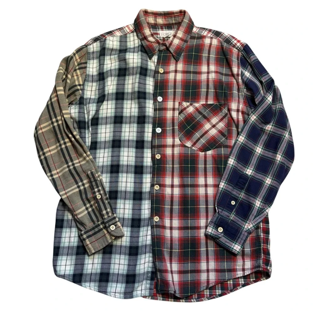 J.Crew VINTAGE 90s Mens Cut & Sew Patchwork Flannel Shirt Button Down Cotton Med